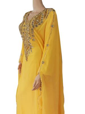 Yellow Zari Stone Work Georgette Islamic Style Arabian gown Beads Embedded PartyWear Farasha 3