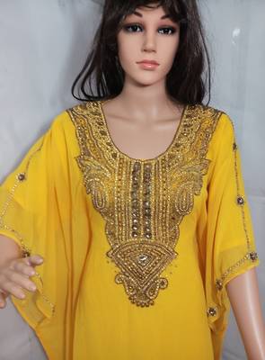 Yellow Zari Work Stones and Crystal Embedded Georgette Islamic Maxi Arabian Gown Party Wear Farasha 2
