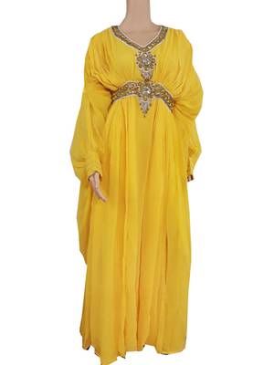 Yellow Zari Stone Work Georgette Islamic Style Arabian gown Beads Embedded PartyWear Farasha 1