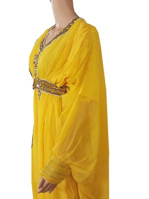 Yellow Zari Stone Work Georgette Islamic Style Arabian gown Beads Embedded PartyWear Farasha 3