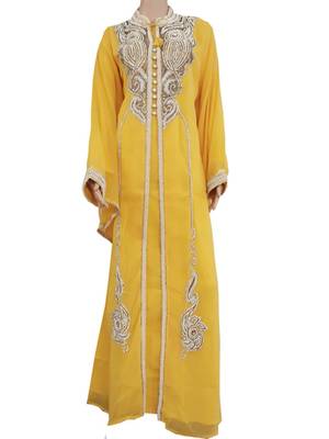 Yellow Zari Stone Work Georgette Islamic Style Arabian gown Beads Embedded PartyWear Kaftan 1