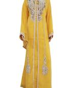 Yellow Zari Stone Work Georgette Islamic Style Arabian gown Beads Embedded PartyWear Kaftan