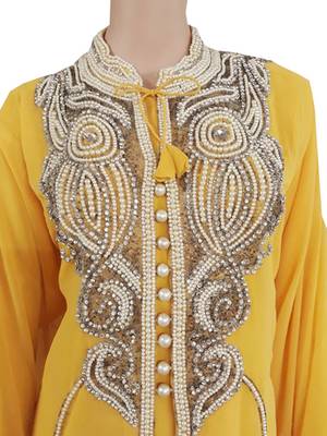 Yellow Zari Stone Work Georgette Islamic Style Arabian gown Beads Embedded PartyWear Kaftan 2