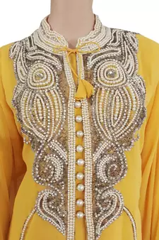 Yellow Zari Stone Work Georgette Islamic Style Arabian gown Beads Embedded PartyWear Kaftan