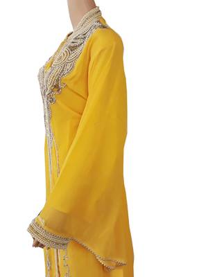 Yellow Zari Stone Work Georgette Islamic Style Arabian gown Beads Embedded PartyWear Kaftan 3