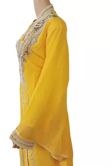 Yellow Zari Stone Work Georgette Islamic Style Arabian gown Beads Embedded PartyWear Kaftan