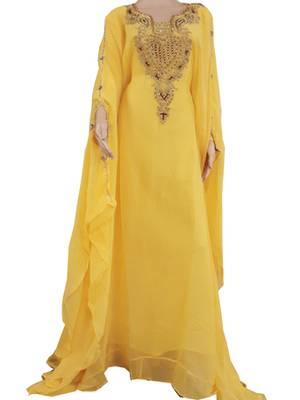 Yellow Zari Stone Work Georgette Islamic Style Arabian gown Beads Embedded PartyWear Farasha 1