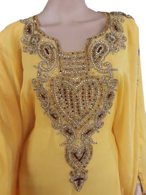 Yellow Zari Stone Work Georgette Islamic Style Arabian gown Beads Embedded PartyWear Farasha 2