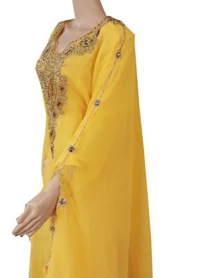 Yellow Zari Stone Work Georgette Islamic Style Arabian gown Beads Embedded PartyWear Farasha 3