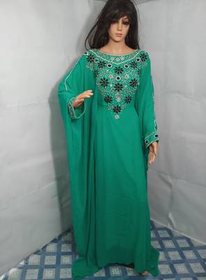 Teal Zari Work Stones and Crystal Embedded Georgette Islamic Maxi Arabian Gown Party Wear Farasha 1