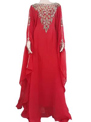 Red Zari Stone Work Georgette Islamic Style Arabian gown Beads Embedded PartyWear Farasha 1