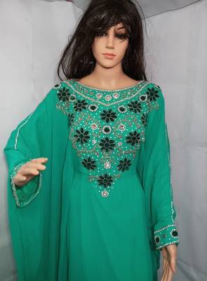 Teal Zari Work Stones and Crystal Embedded Georgette Islamic Maxi Arabian Gown Party Wear Farasha 2