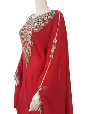 Red Zari Stone Work Georgette Islamic Style Arabian gown Beads Embedded PartyWear Farasha 3