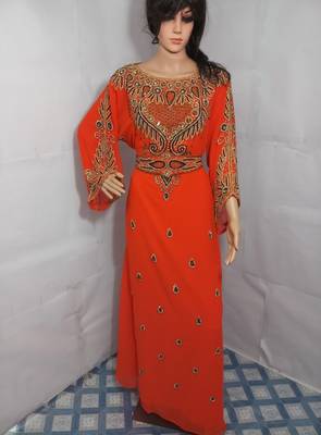 Orange Zari Work Stones and Crystal Embedded Georgette Islamic Maxi Arabian Gown Party Wear Farasha 1