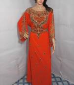 Orange Zari Work Stones and Crystal Embedded Georgette Islamic Maxi Arabian Gown Party Wear Farasha