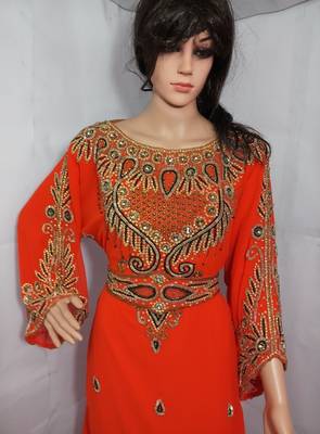 Orange Zari Work Stones and Crystal Embedded Georgette Islamic Maxi Arabian Gown Party Wear Farasha 2