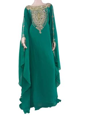 Teal Zari Stone Work Georgette Islamic Style Arabian gown Beads Embedded PartyWear Farasha 1