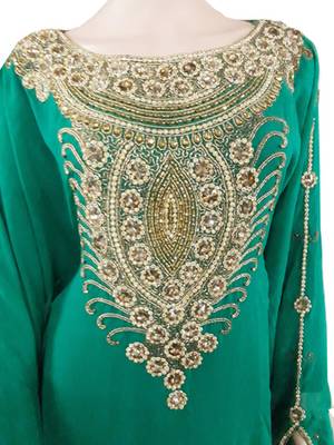 Teal Zari Stone Work Georgette Islamic Style Arabian gown Beads Embedded PartyWear Farasha 3