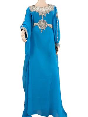 Blue Zari Stone Work Georgette Islamic Style Arabian gown Beads Embedded PartyWear Farasha 1