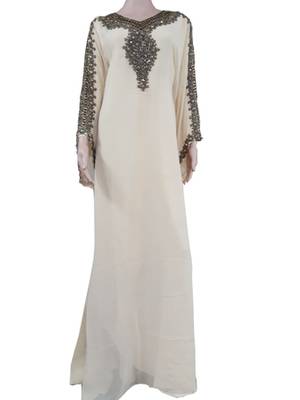 White Zari Stone Work Georgette Islamic Style Arabian gown Beads Embedded PartyWear Farasha 1