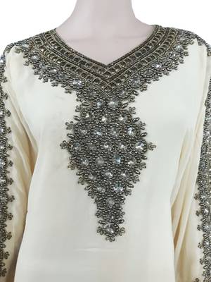 White Zari Stone Work Georgette Islamic Style Arabian gown Beads Embedded PartyWear Farasha 2
