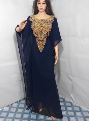 Blue Zari Work Stones and Crystal Embedded Georgette Islamic Maxi Arabian Gown Party Wear Farasha 1
