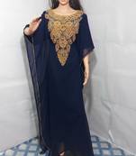 Blue Zari Work Stones and Crystal Embedded Georgette Islamic Maxi Arabian Gown Party Wear Farasha