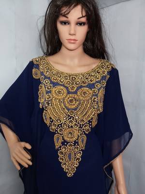 Blue Zari Work Stones and Crystal Embedded Georgette Islamic Maxi Arabian Gown Party Wear Farasha 2