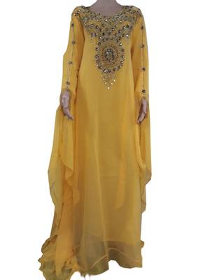 Yellow Zari Stone Work Georgette Islamic Style Arabian gown Beads Embedded PartyWear Farasha 1