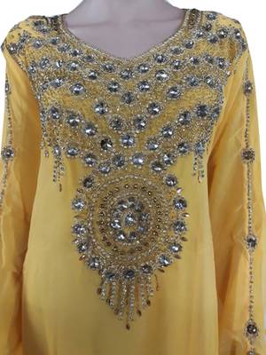 Yellow Zari Stone Work Georgette Islamic Style Arabian gown Beads Embedded PartyWear Farasha 2