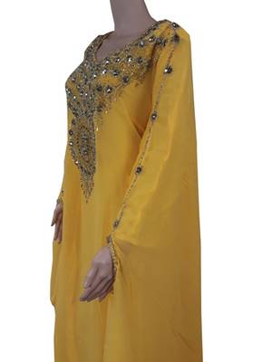 Yellow Zari Stone Work Georgette Islamic Style Arabian gown Beads Embedded PartyWear Farasha 3