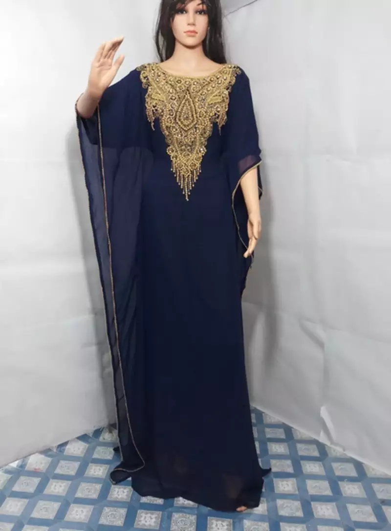 Blue Zari Work Stones and Crystal Embedded Georgette Islamic Maxi Arabian Gown Party Wear Farasha