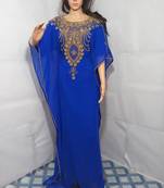 Blue Zari Work Stones and Crystal Embedded Georgette Islamic Maxi Arabian Gown Party Wear Farasha