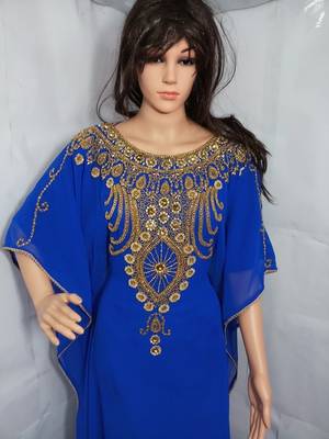 Blue Zari Work Stones and Crystal Embedded Georgette Islamic Maxi Arabian Gown Party Wear Farasha 2