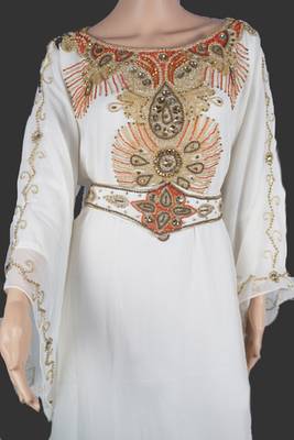 White Zari Stone Work Georgette Islamic Style Arabian gown Beads Embedded PartyWear Farasha 2
