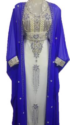 Blue Zari Work Stones and Crystal Embedded Georgette Islamic Maxi Arabian Gown Party Wear Kaftan :: 1 Jacket 1