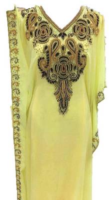 Yellow Zari Work Stones and Crystal Embedded Georgette Islamic Maxi Arabian Gown Party Wear Farasha 1