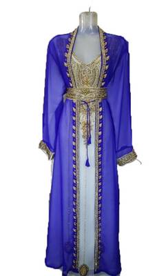 Blue Zari Work Stones and Crystal Embedded Georgette Islamic Maxi Arabian Gown Party Wear Kaftan :: 1 Jacket 1