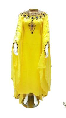 Yellow Zari Work Stones and Crystal Embedded Georgette Islamic Maxi Arabian Gown Party Wear Farasha 1