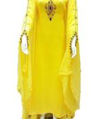 Yellow Zari Work Stones and Crystal Embedded Georgette Islamic Maxi Arabian Gown Party Wear Farasha