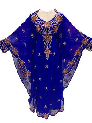 Blue Zari Work Stones and Crystal Embedded Georgette Islamic Maxi Arabian Gown Party Wear Farasha 1