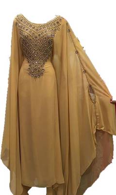 Beige Zari Work Stones and Crystal Embedded Georgette Islamic Maxi Arabian Gown Party Wear Farasha 1