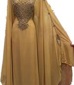 Beige Zari Work Stones and Crystal Embedded Georgette Islamic Maxi Arabian Gown Party Wear Farasha