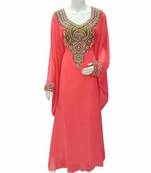 Pink Zari Work Stones and Crystal Embedded Georgette Islamic Maxi Arabian Gown Party Wear Farasha