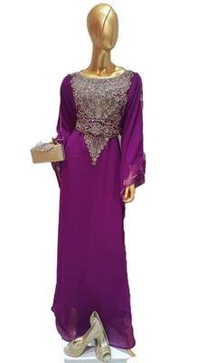 Purple Zari Work Stones and Crystal Embedded Georgette Islamic Maxi Arabian Gown Party Wear Farasha 1
