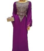 Purple Zari Work Stones and Crystal Embedded Georgette Islamic Maxi Arabian Gown Party Wear Farasha