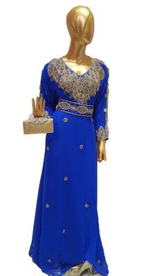 Blue Zari Work Stones and Crystal Embedded Georgette Islamic Maxi Arabian Gown Party Wear Farasha 1