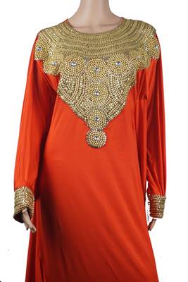 Orange Zari Stone Work Lycra Islamic Style Arabian gown Beads Embedded PartyWear Farasha 3