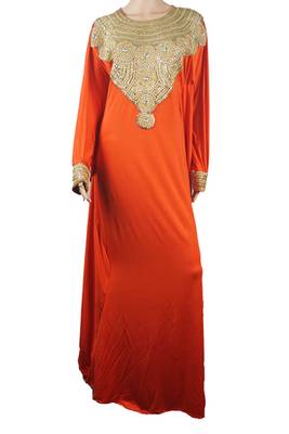 Orange Zari Stone Work Lycra Islamic Style Arabian gown Beads Embedded PartyWear Farasha 1
