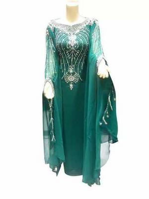 Green Zari Work Stones and Crystal Embedded Georgette Islamic Maxi Arabian Gown Party Wear Farasha 1